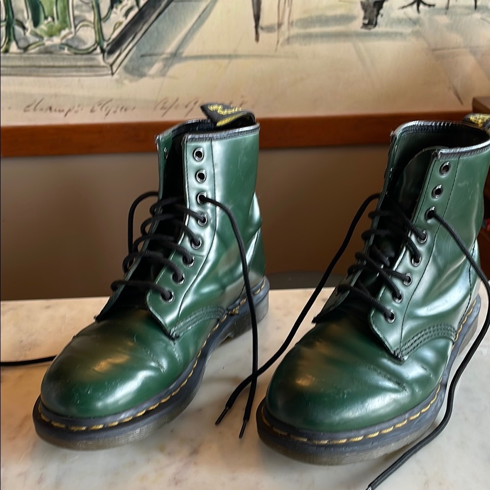 Dr. Martens Green Lace Up Boots High-Top Glossy